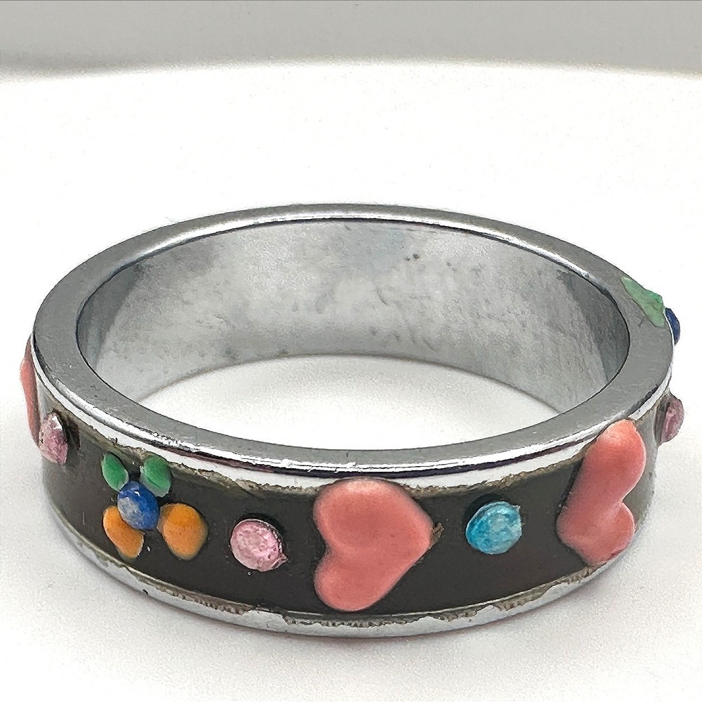 Vintage 90s Y2K Enamel Heart Band Ring Silver‎ Tone Boho Women's Classic Jewelry